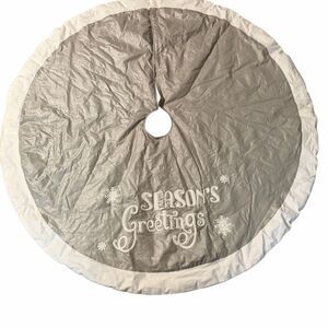 Seasons Greetings Christmas Tree Skirt Silver Metallic White 3D Like 56” Cotton
